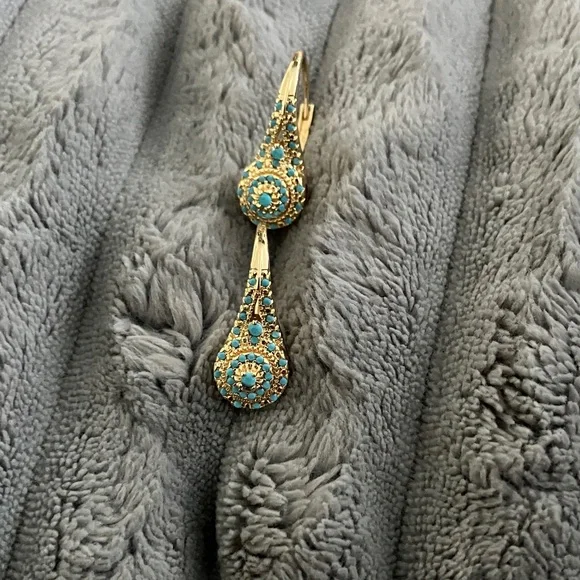 Gold Teardrop Earrings with Turquoise Crystals - Women Jewelry - Picture 2 of 4